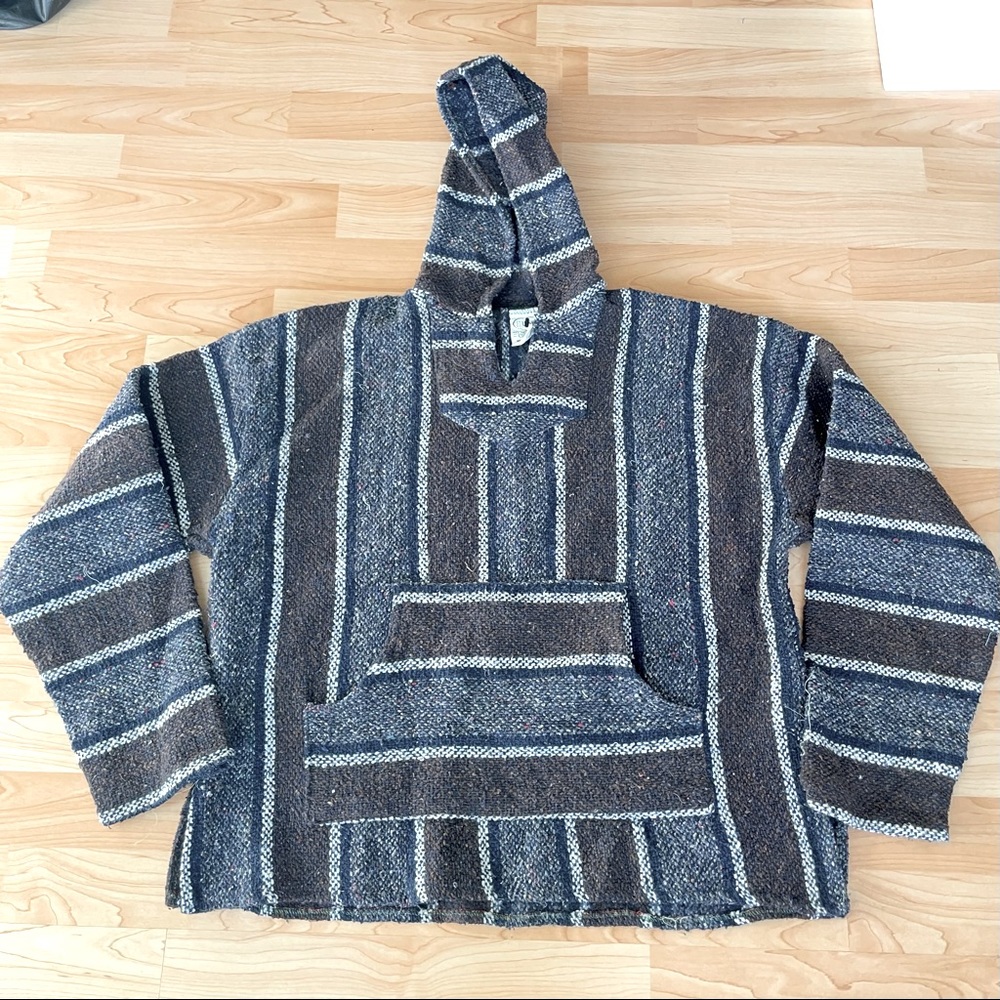 Mexican Baja Hoodie Poncho Woven Mexican Hooded Sweater Unisex Sz S-M (0163)